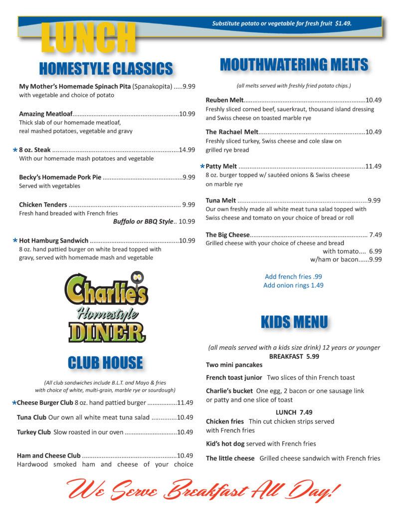 Menu Charlies Homestyle Diner